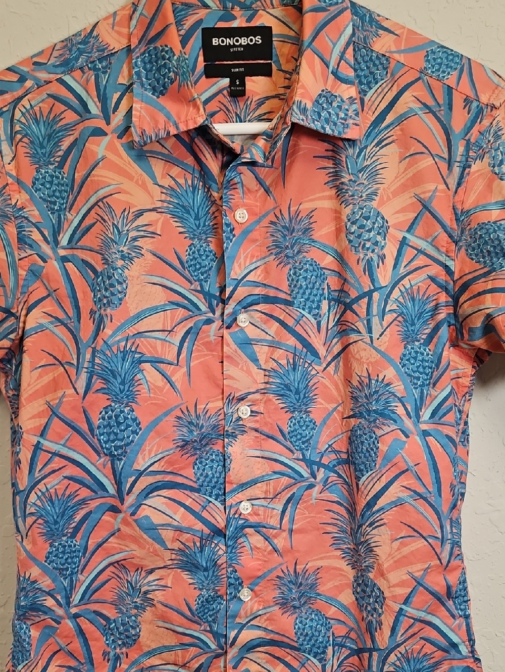 Bonobos Men’s Short-Sleeve Coral/Blue Pineapple Print, Size Small, Slim Fit - Picture 6 of 12